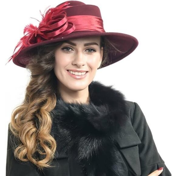 Winter Church Hats Feather Style Burgundy Accessories